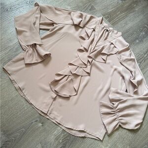 Cream Long Sleeve Ruffled Blouse with Bib Collar